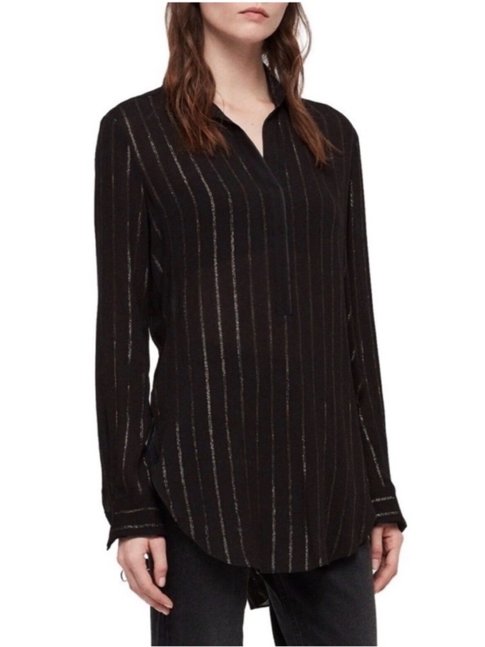 All Saints Keri Striped black top with gold striped and side split‎